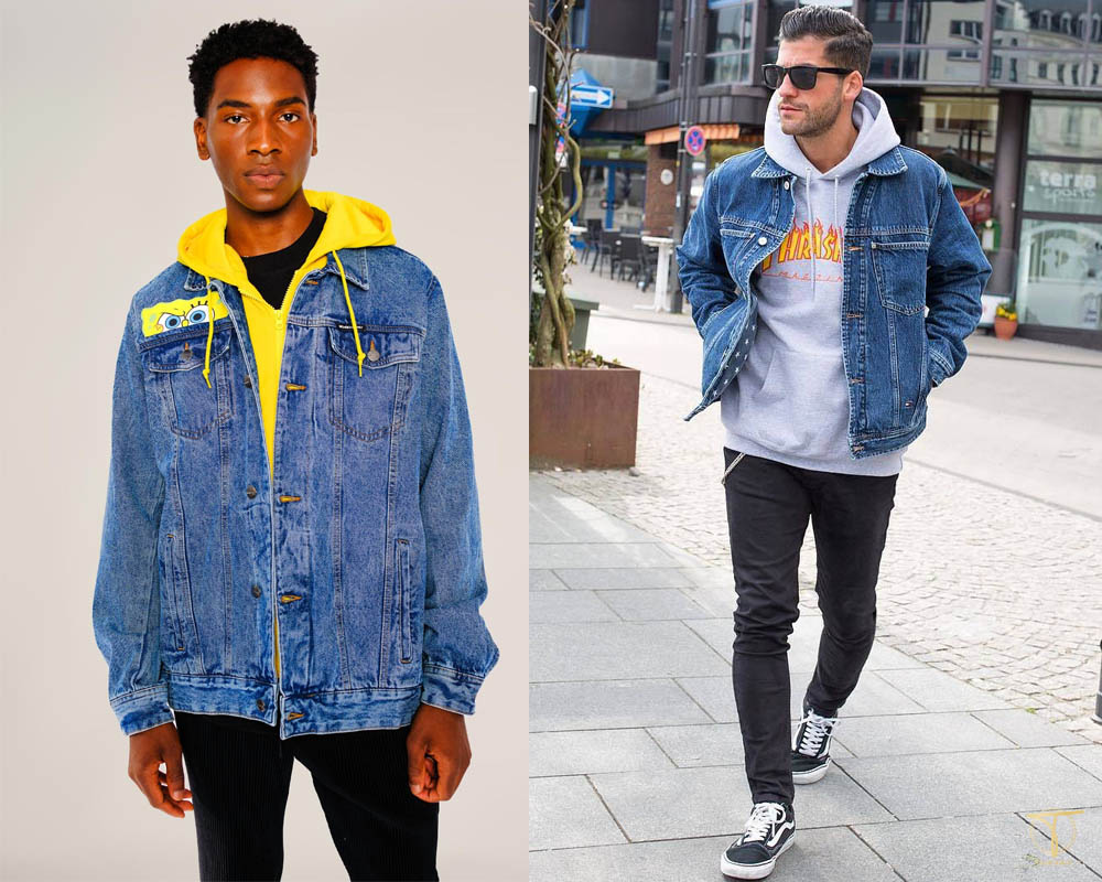 phối áo khoác denim nam áo hoodie tròn