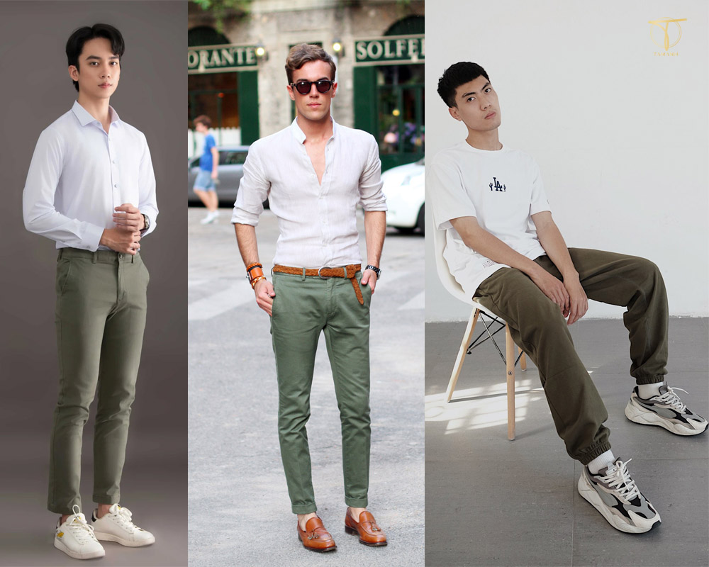 Phối áo màu trắng và quần xanh rêu Phối áo màu trắng và quần xanh rêu