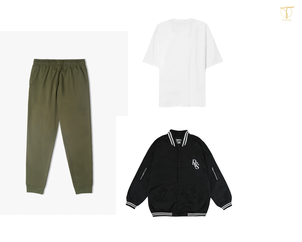 Mix quần jogger xanh rêu với áo phông trắng và một chiếc bomber đen khoác bên ngoài Mix quần jogger xanh rêu với áo phông trắng và một chiếc bomber đen khoác bên ngoài